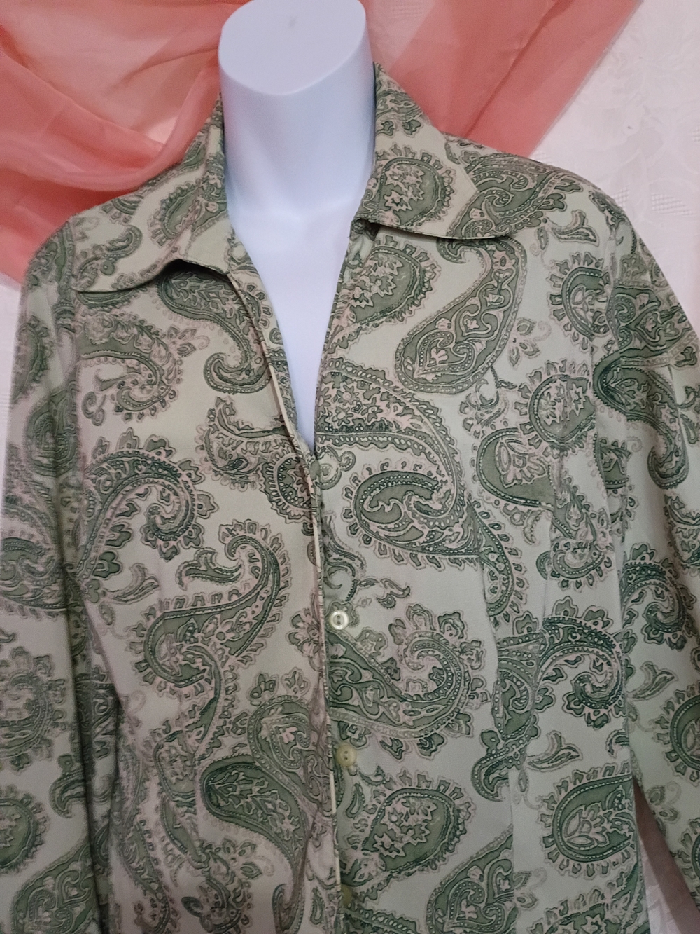 Rena Rowan Ladies Green Paisley Tie-Front Button-Down Satin Shirt Sz 10 - Picture 3 of 7